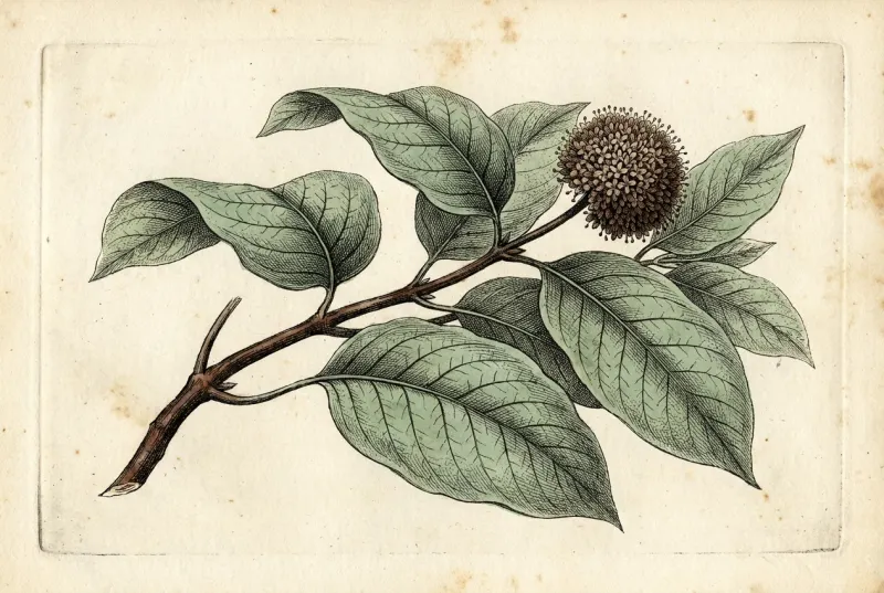 Gałązka Mitragyna speciosa z kulistym kwiatostanem, rycina w stylu dawnej tablicy botanicznej