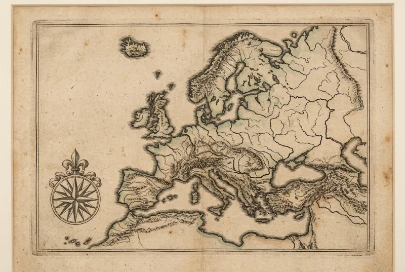 Dawna mapa reliefowa kontynentu europejskiego z różą wiatrów, rycina