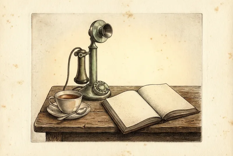 Stary telefon na drewnianym biurku obok filiżanki herbaty i otwartego notesu, rycina